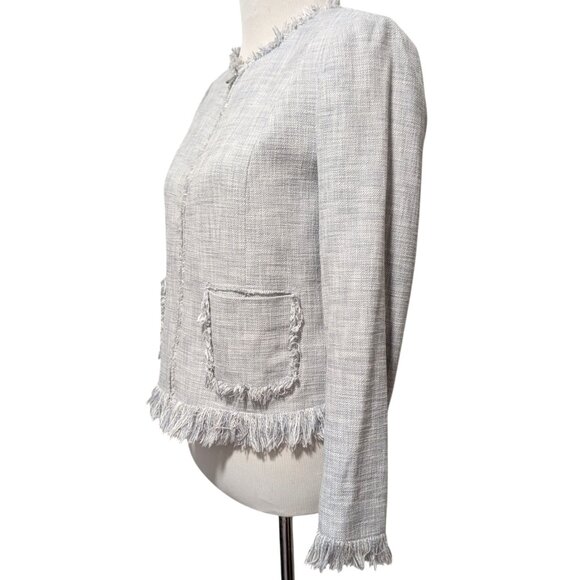 Rebecca Taylor Womens Sz 8 Gray Zip Front Fray Trim Pockets Slub Jacket Blazer - Picture 2 of 9